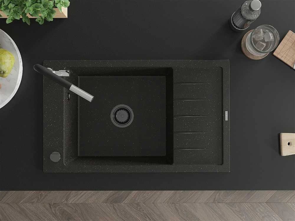 Granitinė virtuvinė plautuvė Mexen Elias su maišytuvu ir sifonu, Metallic juodas/auksinis+Juodas/Chrome