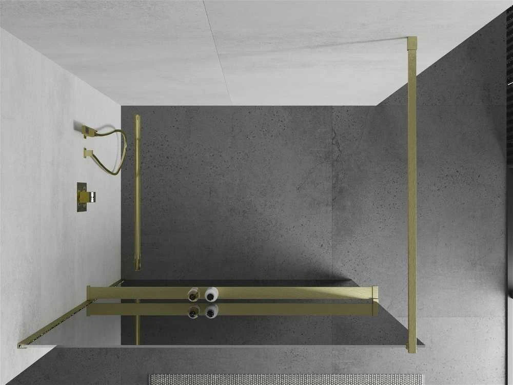 Walk-in dušo sienelė Mexen Kioto+ su lentynėle, Brushed auksinis/veidrodinis stiklas, 90 x 200 cm