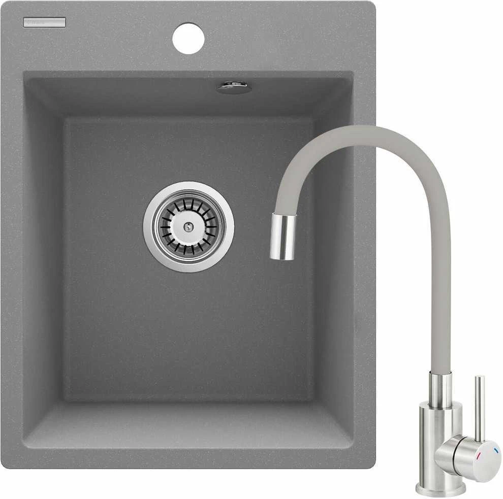 Granitinė virtuvinė plautuvė Deante Corio su maišytuvu, ZRCPS103, Metallic pilkas+Pilkas/steel