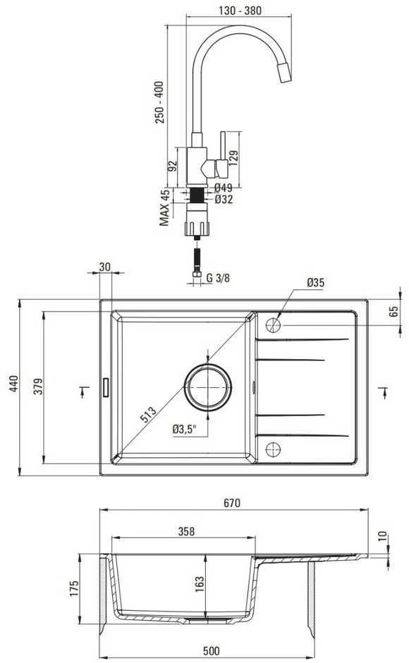 Granitinė virtuvinė plautuvė Deante Corio su maišytuvu, ZRCPS113, Metallic pilkas+Pilkas/steel