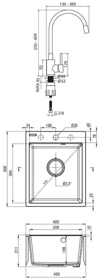 Granitinė virtuvinė plautuvė Deante Corio su maišytuvu, ZRCP7103, Sand+rusvai gelsvas/steel