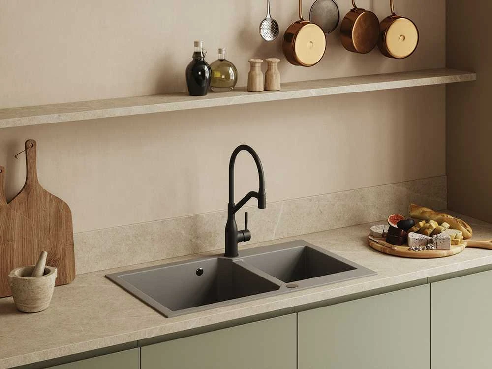 Granitinė virtuvinė plautuvė Laveo Milos SPM_5209, Pilkas
