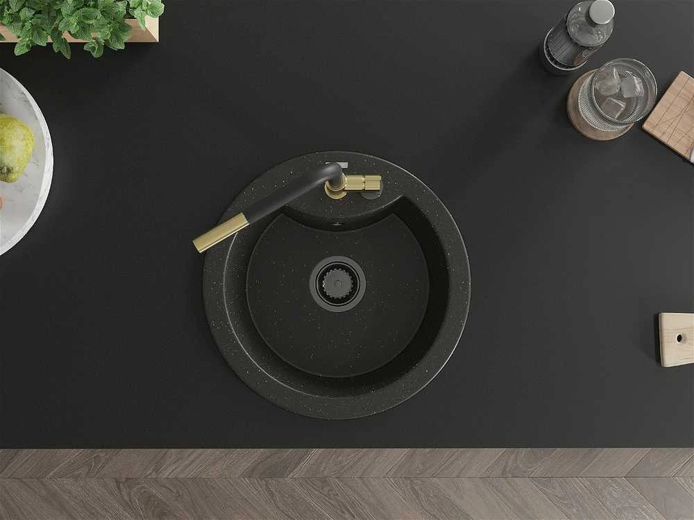 Granitinė virtuvinė plautuvė Mexen Diego su maišytuvu ir sifonu, Metallic juodas/auksinis+Juodas/Gold