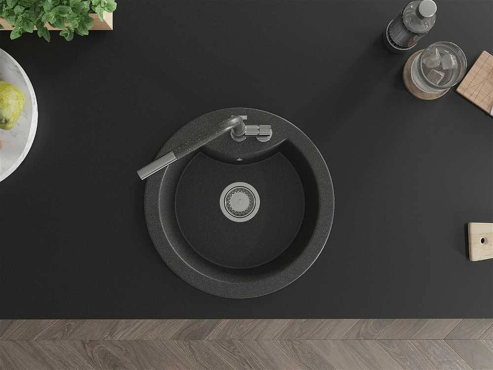Granitinė virtuvinė plautuvė Mexen Diego su maišytuvu ir sifonu, Juodas granite+Juodas granite/Chrome