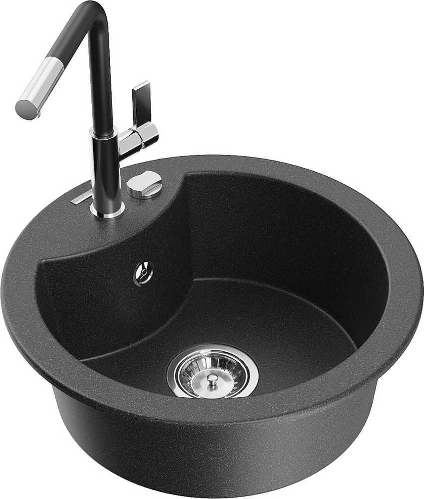 Granitinė virtuvinė plautuvė Mexen Diego su maišytuvu ir sifonu, Juodas granite+Juodas/Chrome