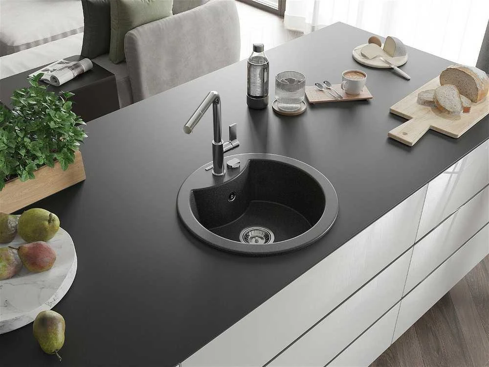 Granitinė virtuvinė plautuvė Mexen Diego su maišytuvu ir sifonu, Juodas granite+Chrome