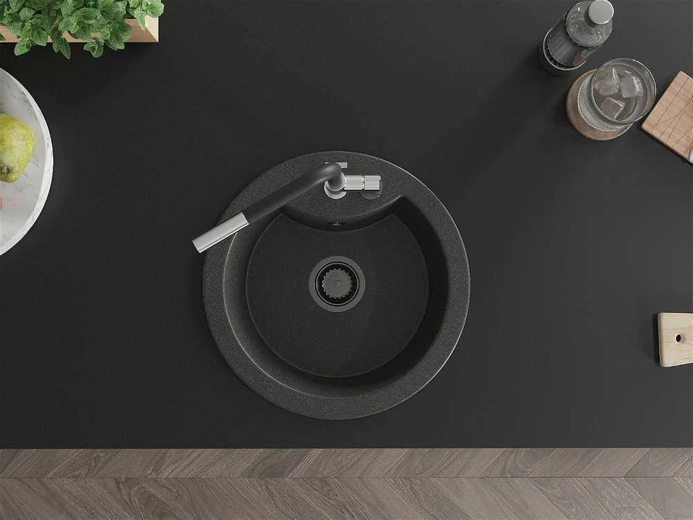 Granitinė virtuvinė plautuvė Mexen Diego su maišytuvu ir sifonu, Juodas granite+Juodas/Chrome