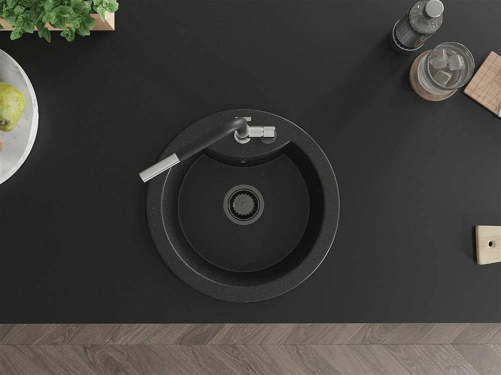 Granitinė virtuvinė plautuvė Mexen Diego su maišytuvu ir sifonu, Metallic juodas/sidabrinis+Juodas/Chrome