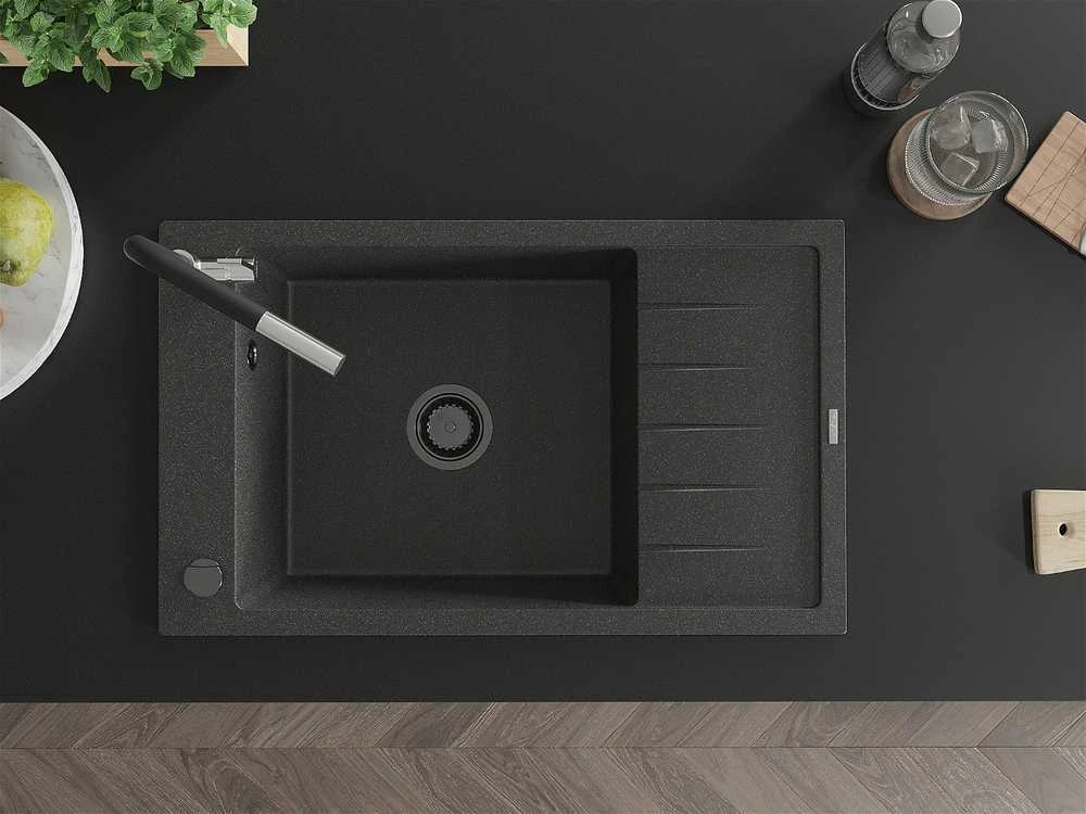 Granitinė virtuvinė plautuvė Mexen Elias su maišytuvu ir sifonu, Juodas granite+Juodas/Chrome