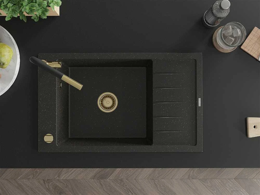 Granitinė virtuvinė plautuvė Mexen Elias su maišytuvu ir sifonu, Metallic juodas/auksinis+Juodas/Gold