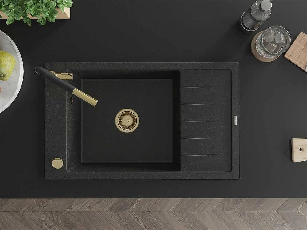 Granitinė virtuvinė plautuvė Mexen Elias su maišytuvu ir sifonu, Metallic juodas/sidabrinis+Juodas/Gold