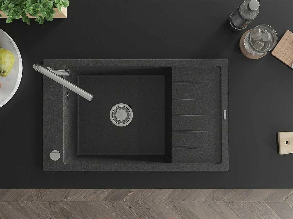 Granitinė virtuvinė plautuvė Mexen Elias su maišytuvu ir sifonu, Juodas granite+Chrome