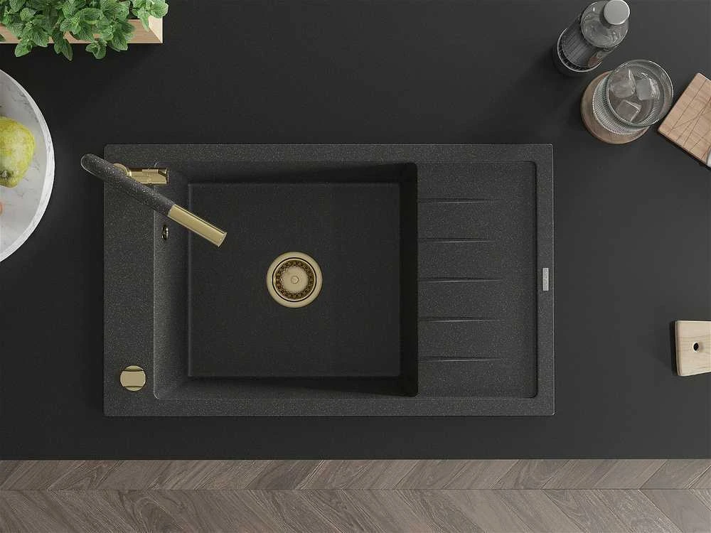 Granitinė virtuvinė plautuvė Mexen Elias su maišytuvu ir sifonu, Juodas granite+Juodas granite/Gold