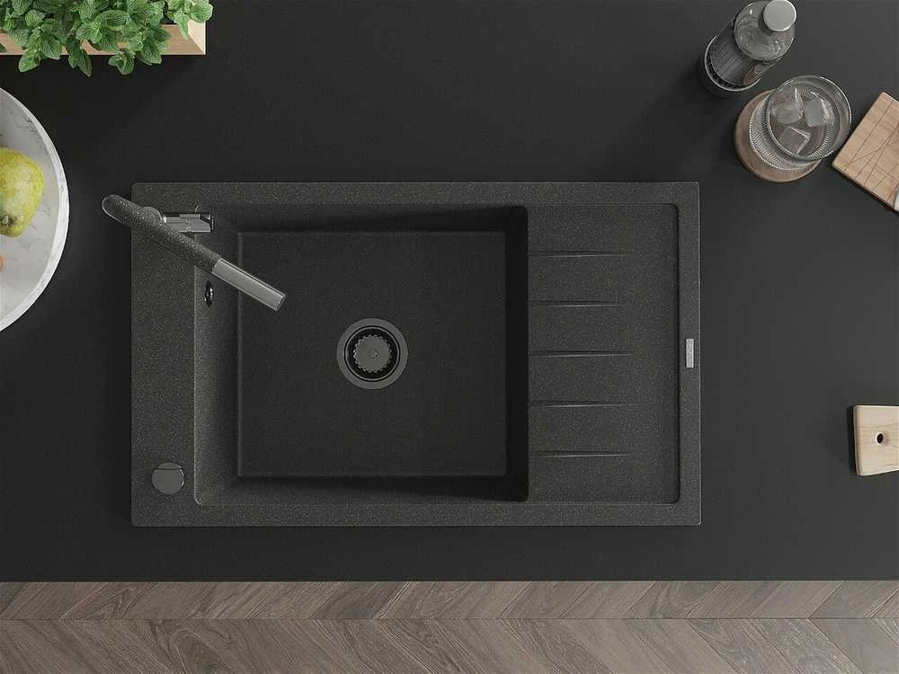 Granitinė virtuvinė plautuvė Mexen Elias su maišytuvu ir sifonu, Juodas granite+Juodas granite/Chrome
