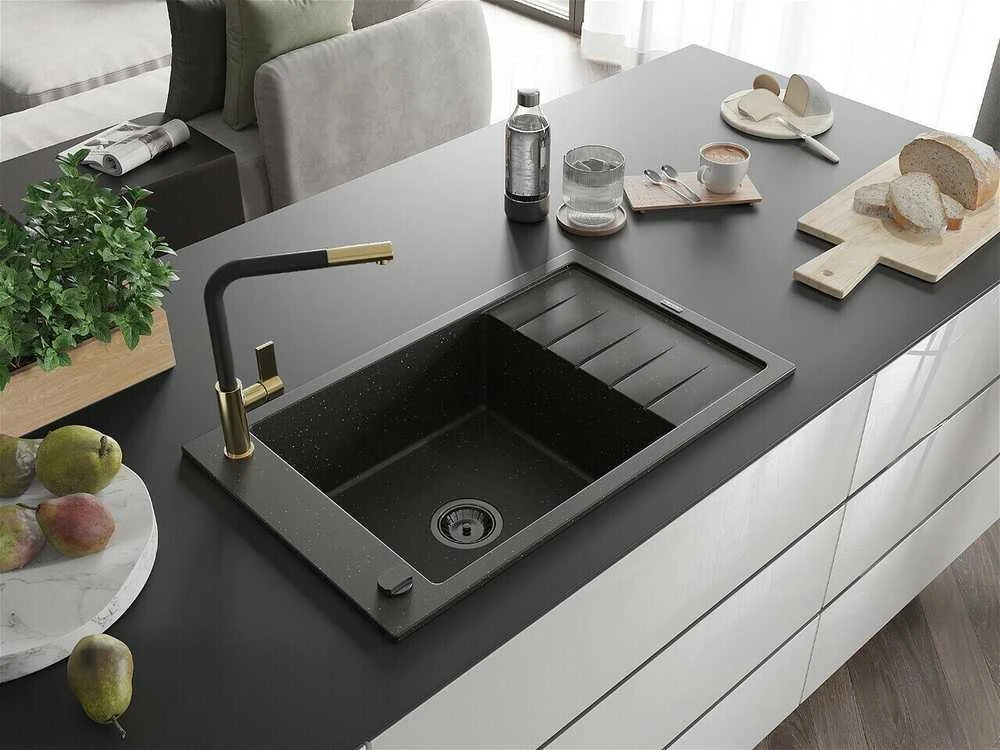 Granitinė virtuvinė plautuvė Mexen Elias su maišytuvu ir sifonu, Metallic juodas/auksinis+Juodas/Gold