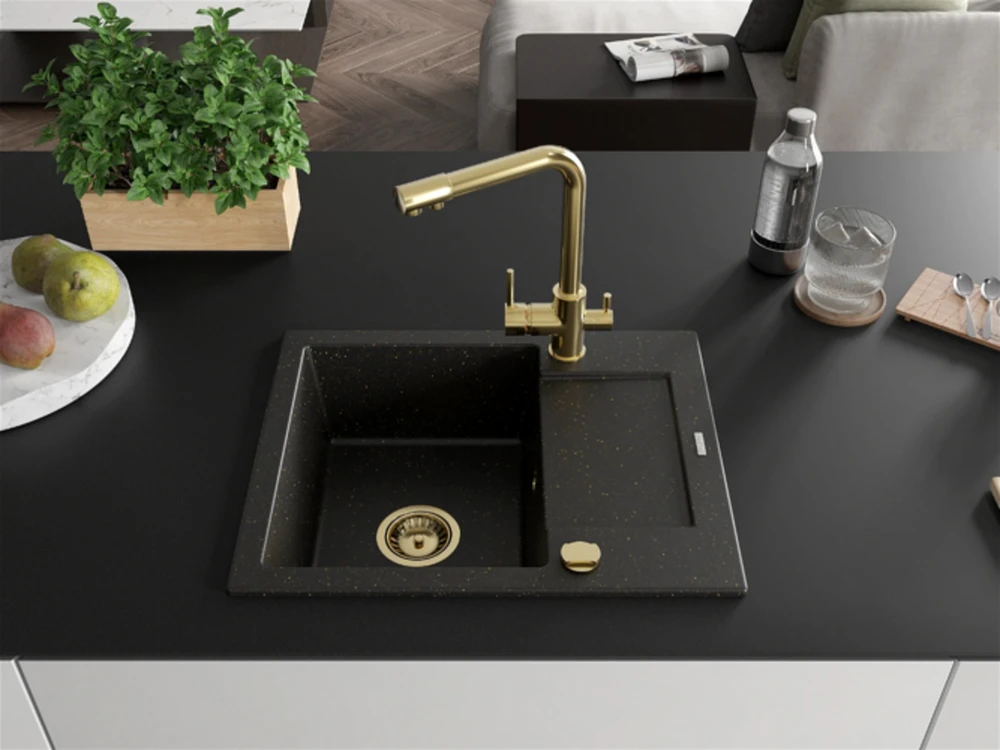 Granitinė virtuvinė plautuvė Mexen Enzo su maišytuvu ir sifonu, Metallic juodas/auksinis+Gold