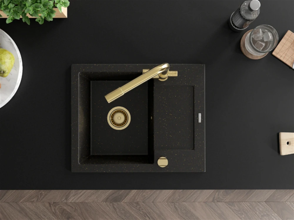 Granitinė virtuvinė plautuvė Mexen Enzo su maišytuvu ir sifonu, Metallic juodas/auksinis+Gold