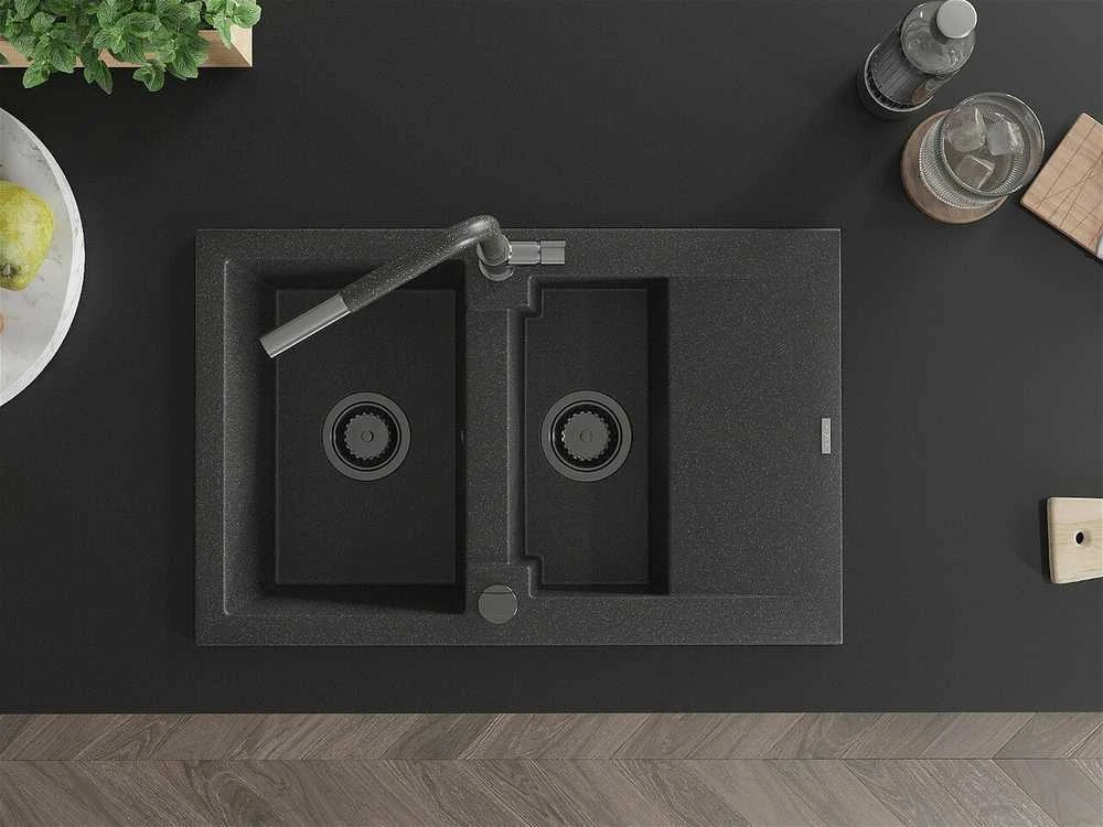 Granitinė virtuvinė plautuvė Mexen Gaspar su maišytuvu ir sifonu, Juodas granite+Juodas granite/Chrome