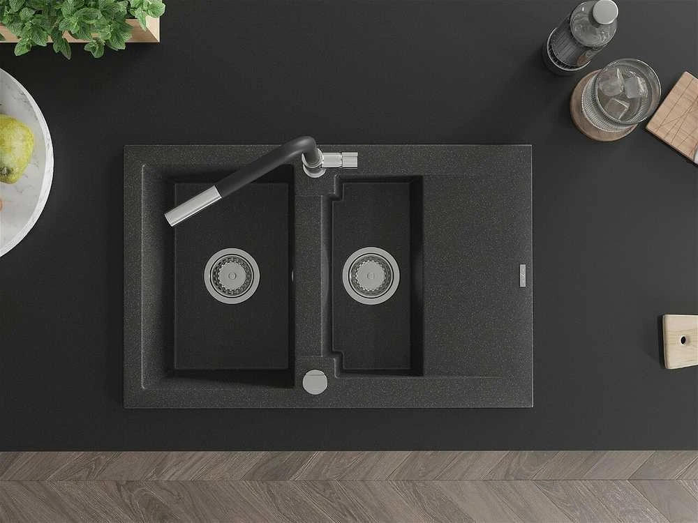 Granitinė virtuvinė plautuvė Mexen Gaspar su maišytuvu ir sifonu, Juodas granite+Juodas/Chrome