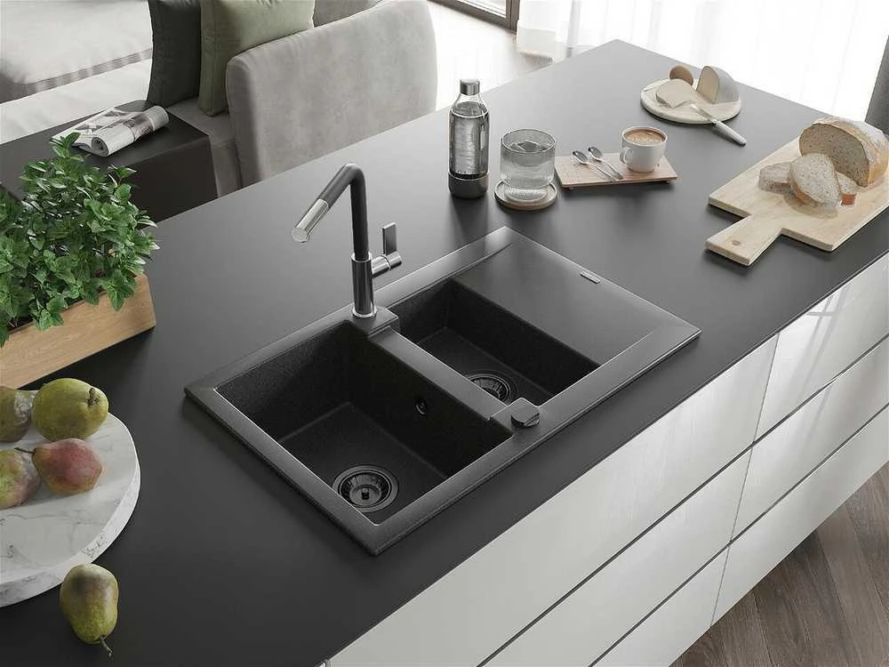 Granitinė virtuvinė plautuvė Mexen Gaspar su maišytuvu ir sifonu, Juodas granite+Juodas/Chrome