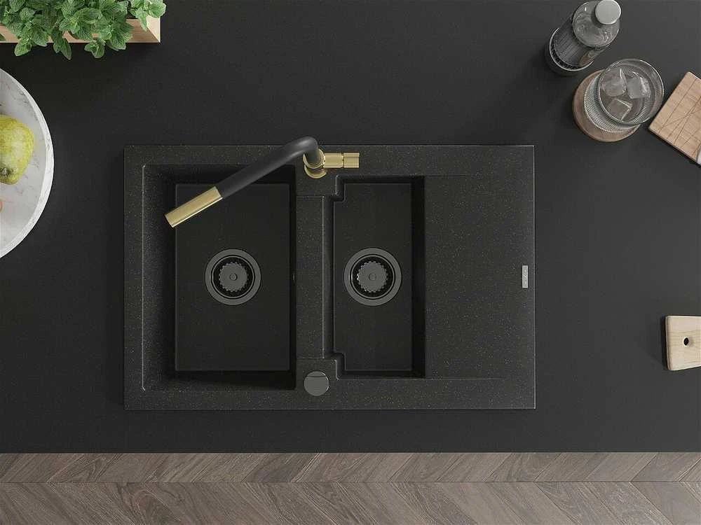 Granitinė virtuvinė plautuvė Mexen Gaspar su maišytuvu ir sifonu, Metallic juodas/sidabrinis+Juodas/Gold
