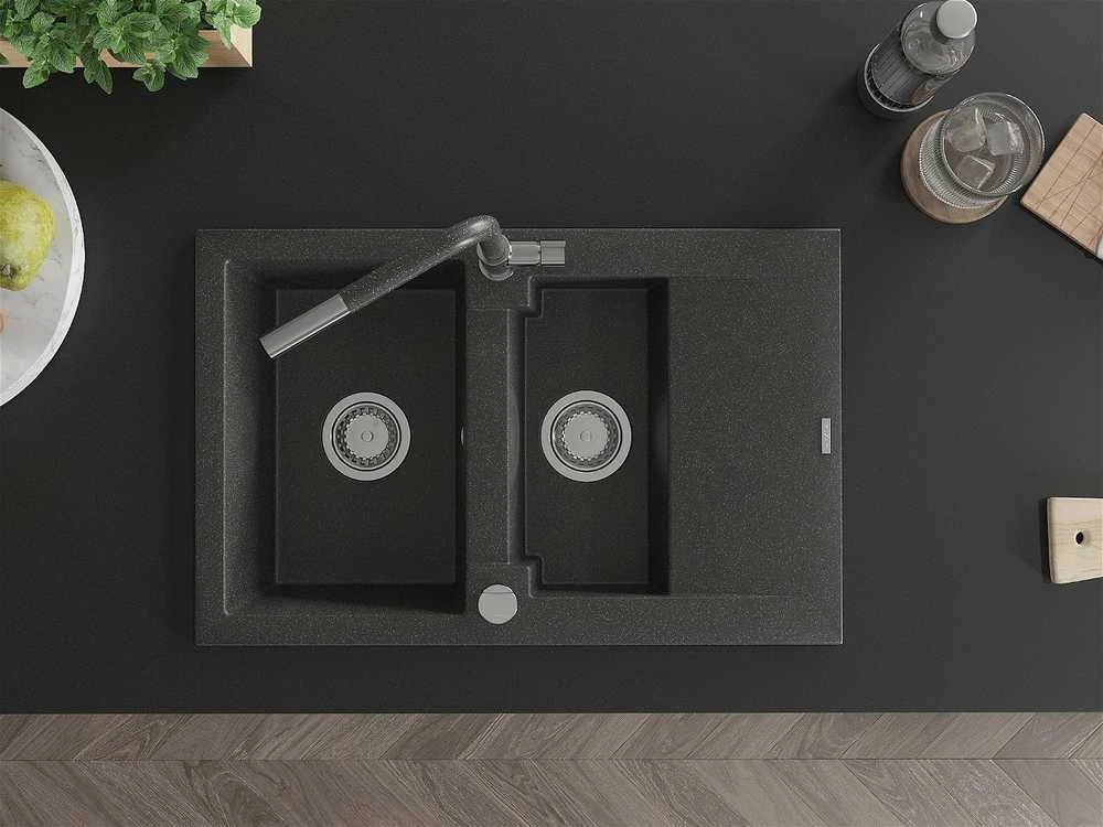 Granitinė virtuvinė plautuvė Mexen Gaspar su maišytuvu ir sifonu, Juodas granite+Juodas granite/Chrome