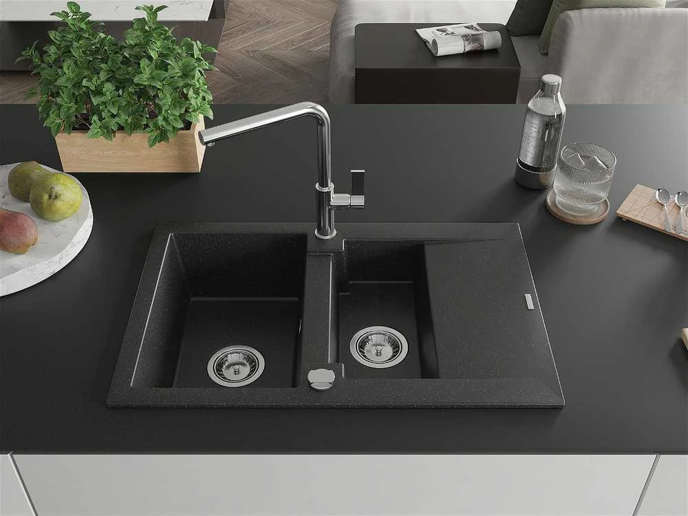 Granitinė virtuvinė plautuvė Mexen Gaspar su maišytuvu ir sifonu, Metallic juodas/sidabrinis+Chrome