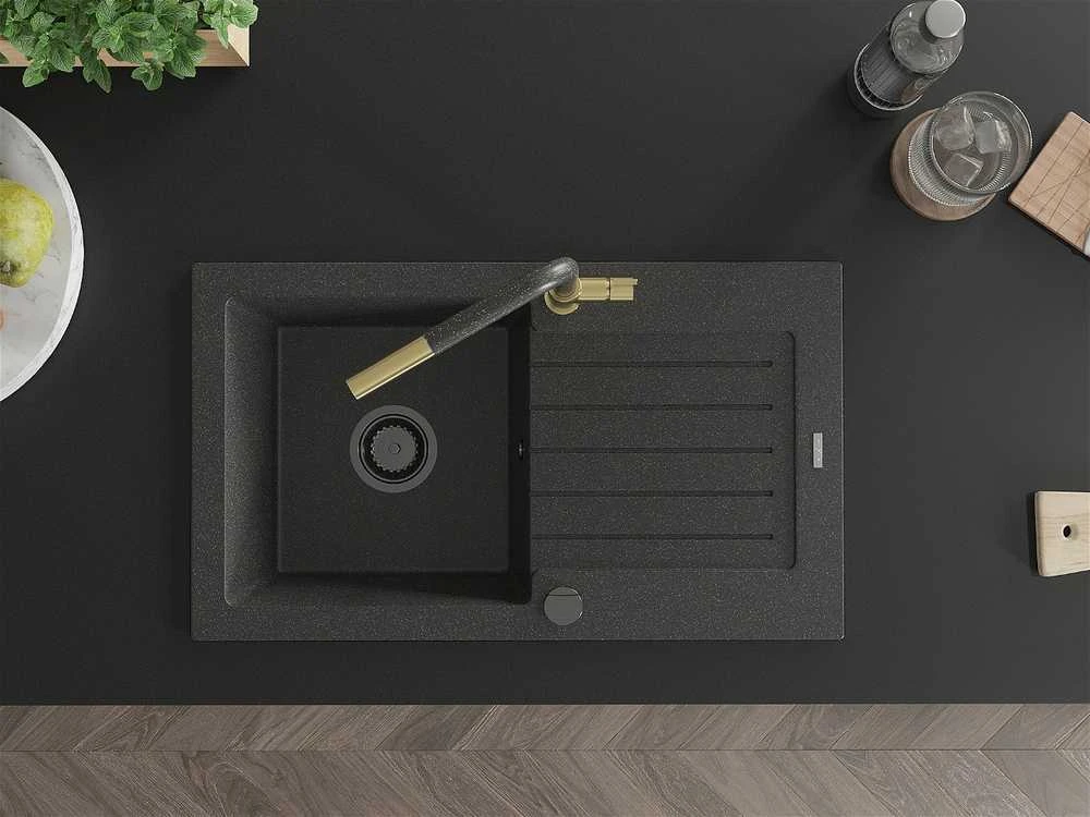 Granitinė virtuvinė plautuvė Mexen Pablo su maišytuvu ir sifonu, Juodas granite+Juodas granite/Gold