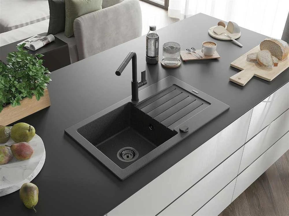 Granitinė virtuvinė plautuvė Mexen Pablo su maišytuvu ir sifonu, Juodas granite+Juodas