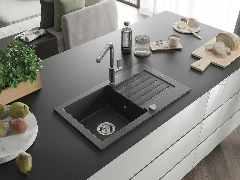 Granitinė virtuvinė plautuvė Mexen Pablo su maišytuvu ir sifonu, Juodas granite+Chrome