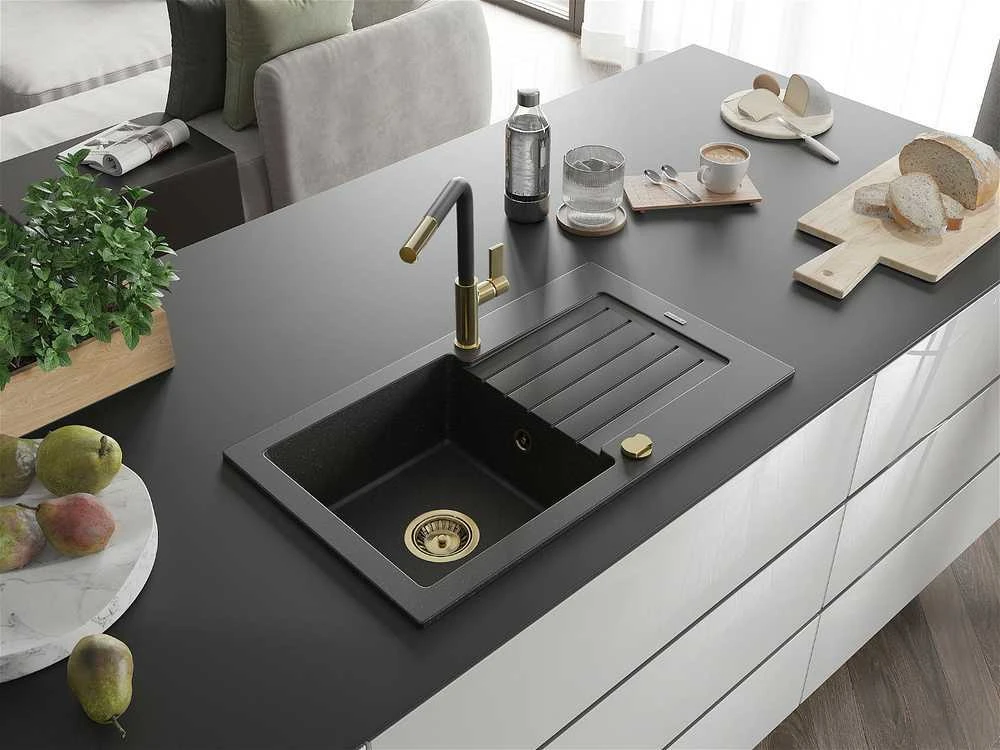 Granitinė virtuvinė plautuvė Mexen Pablo su maišytuvu ir sifonu, Metallic juodas/sidabrinis+Juodas/Gold