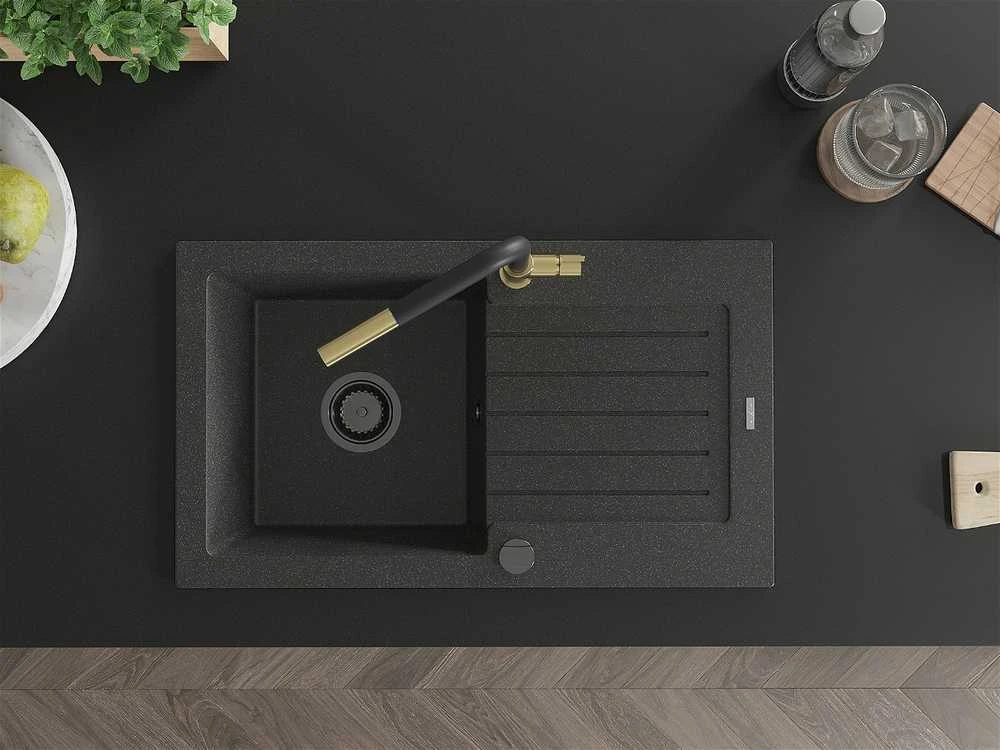 Granitinė virtuvinė plautuvė Mexen Pablo su maišytuvu ir sifonu, Juodas granite+Juodas/Gold