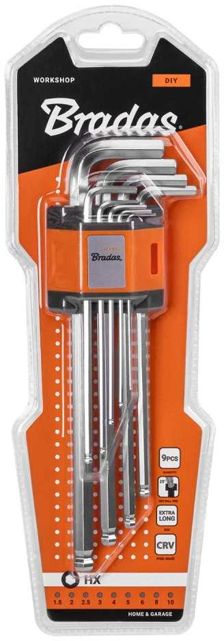 HEX šešiakampių raktų rinkinys 1,5–10 mm su rutuline galvute Bradas, 9 vnt., extra long