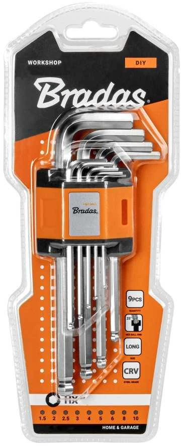 HEX šešiakampių raktų rinkinys 1,5–10 mm su rutuline galvute Bradas, 9 vnt., long