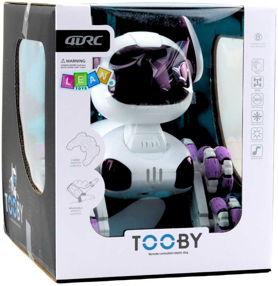 Interaktyvus robotas šuo su nuotoliniu valdymu TOOBY RC 4WD 360°, baltas/violetinis
