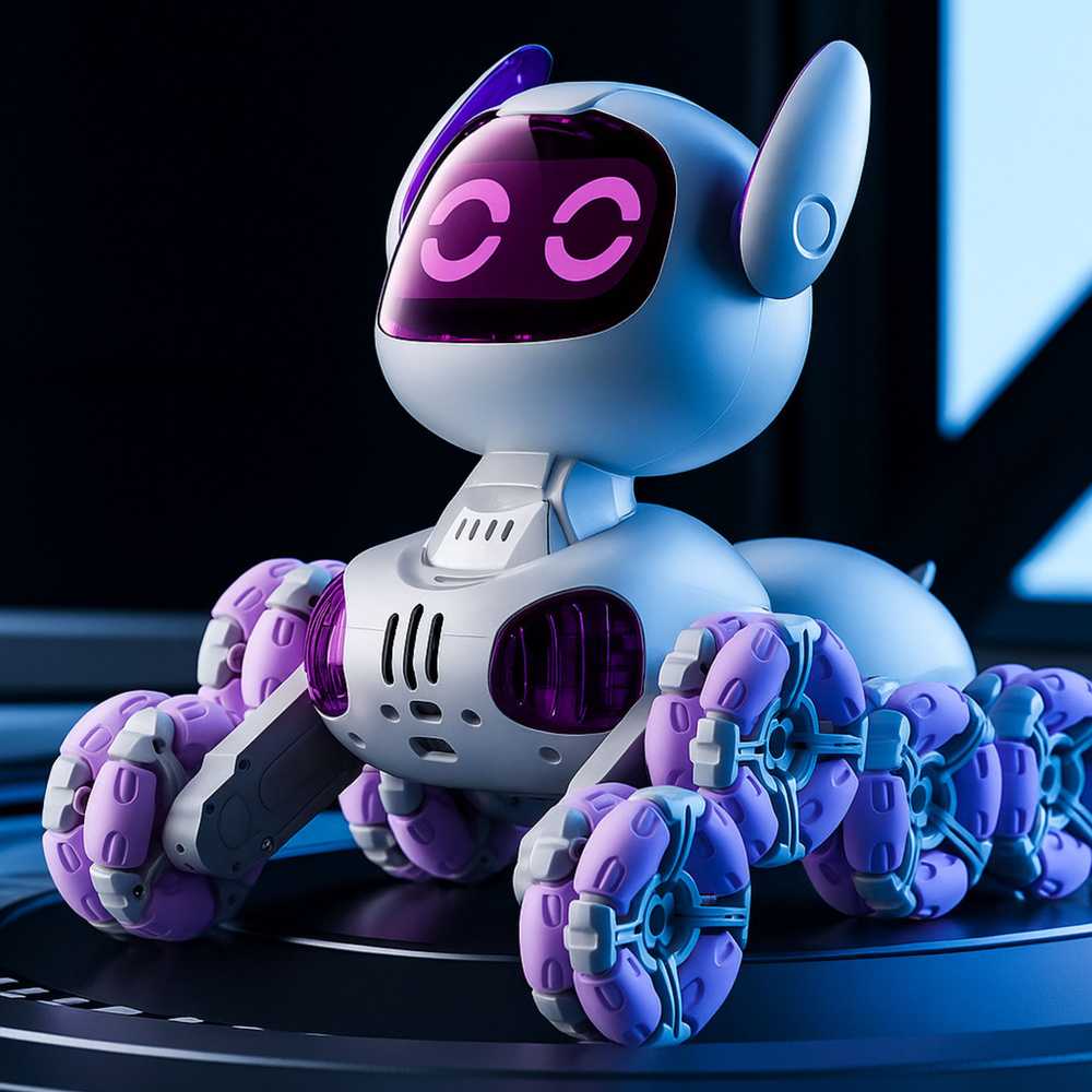 Interaktyvus robotas šuo su nuotoliniu valdymu TOOBY RC 4WD 360°, baltas/violetinis