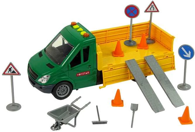 Kelio darbų automobilis su kelio ženklais ir priedais