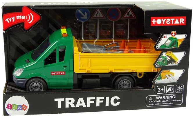Kelio darbų automobilis su kelio ženklais ir priedais