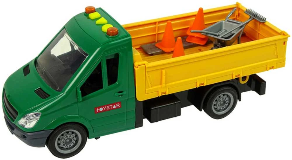 Kelio darbų automobilis su kelio ženklais ir priedais