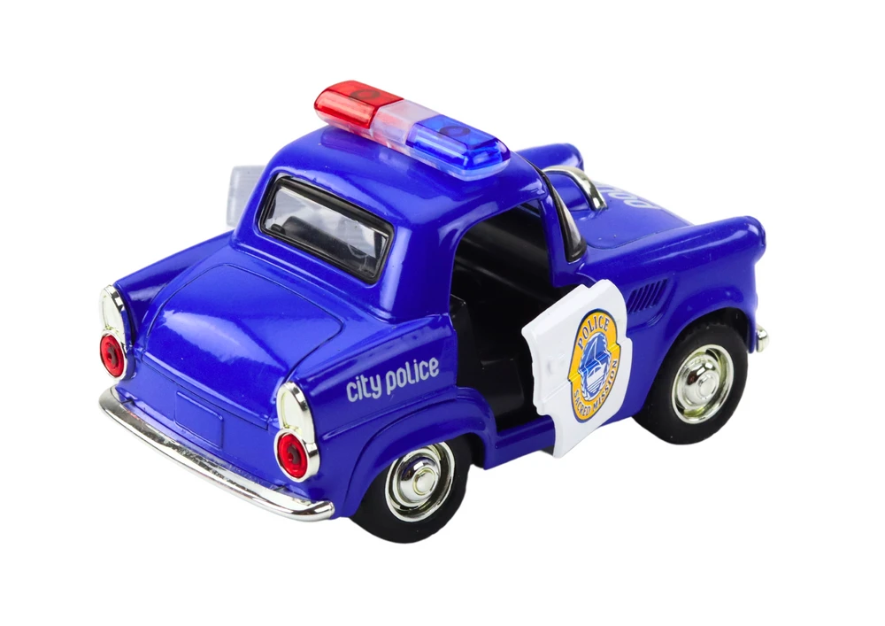 Klasikinis policijos automobilis su garsais ir šviesom, mėlynas