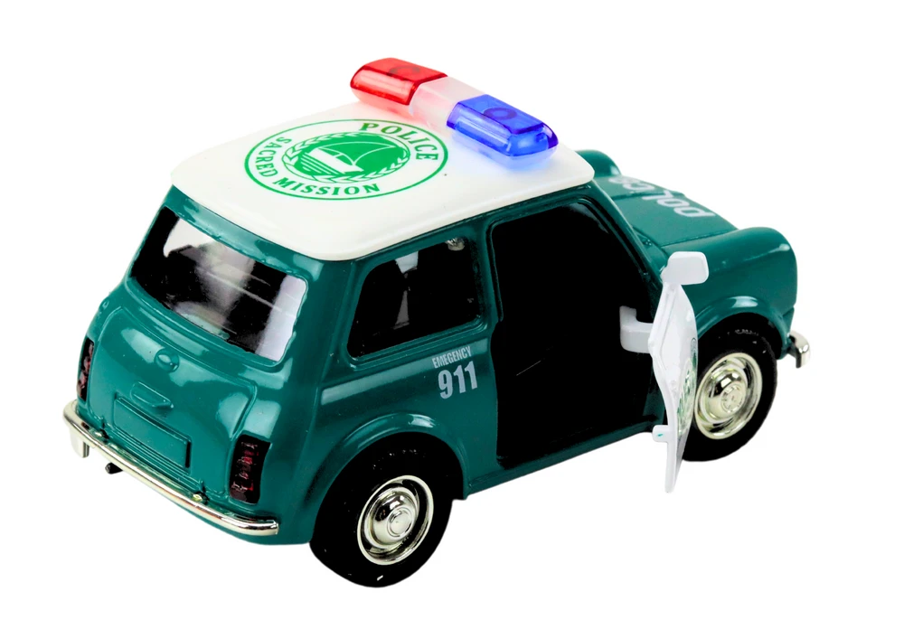 Klasikinis policijos automobilis su garsais ir šviesom, žalias