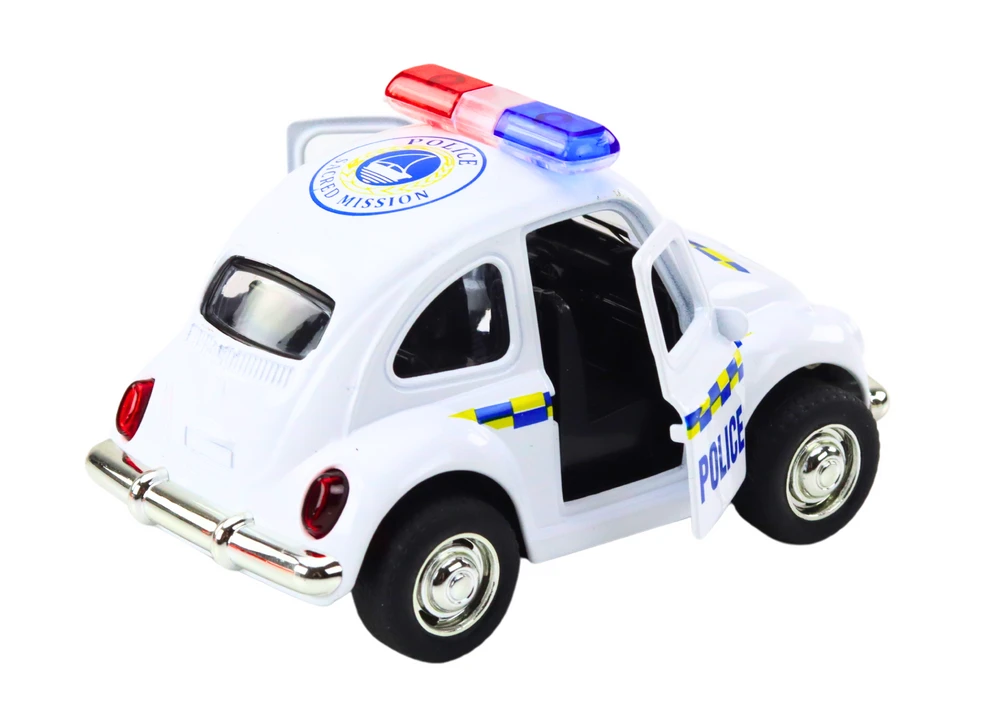 Klasikinis policijos automobilis su garsais ir šviesom, baltas