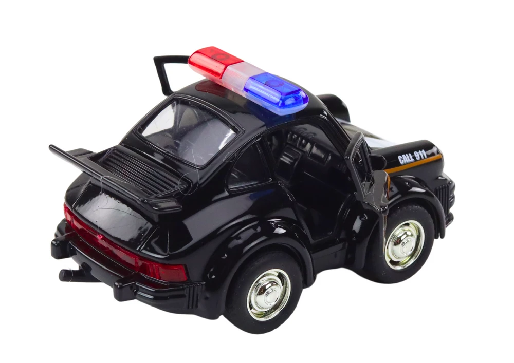 Klasikinis policijos automobilis su garsais ir šviesom, juodas