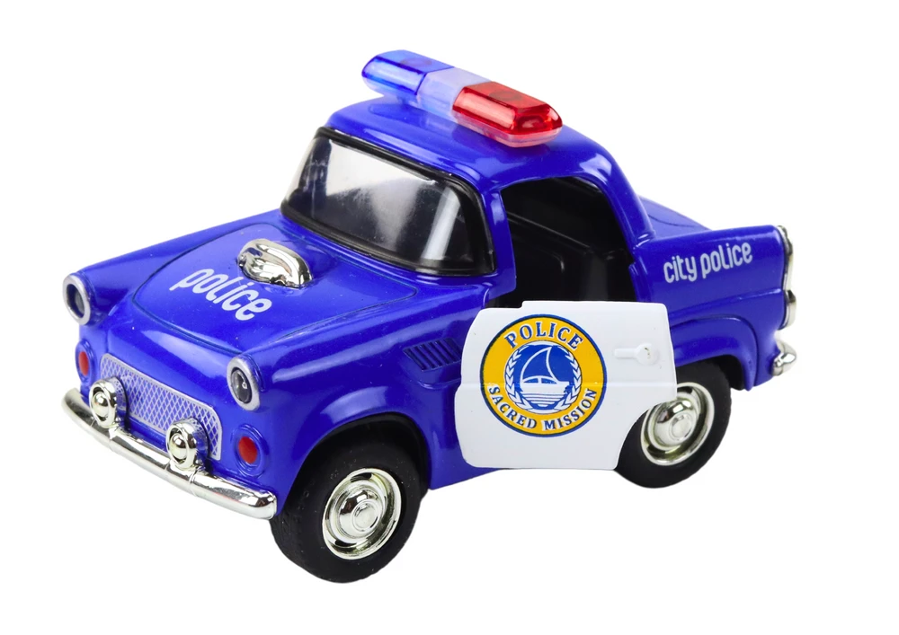 Klasikinis policijos automobilis su garsais ir šviesom, mėlynas