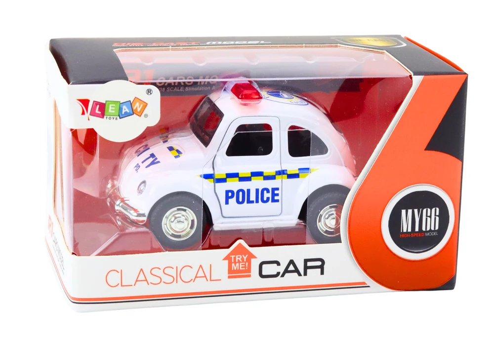 Klasikinis policijos automobilis su garsais ir šviesom, baltas