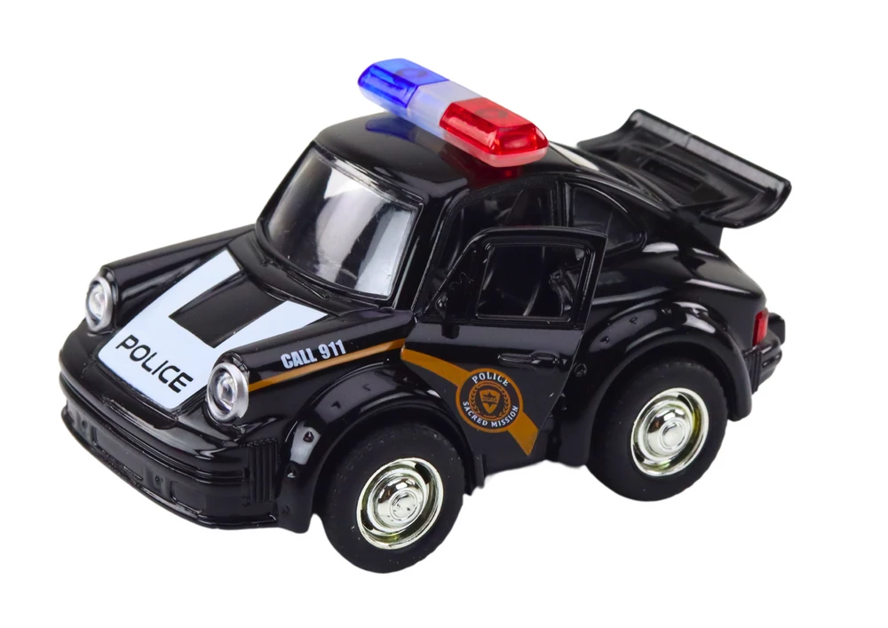 Klasikinis policijos automobilis su garsais ir šviesom, juodas