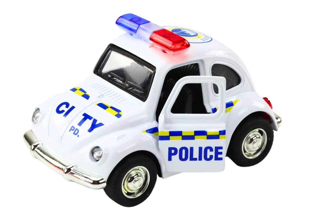 Klasikinis policijos automobilis su garsais ir šviesom, baltas