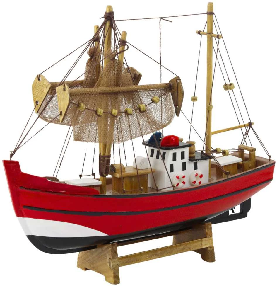 Kolekcinis dekoratyvinis žvejybinio laivo modelis, 30x26 cm, raudonas