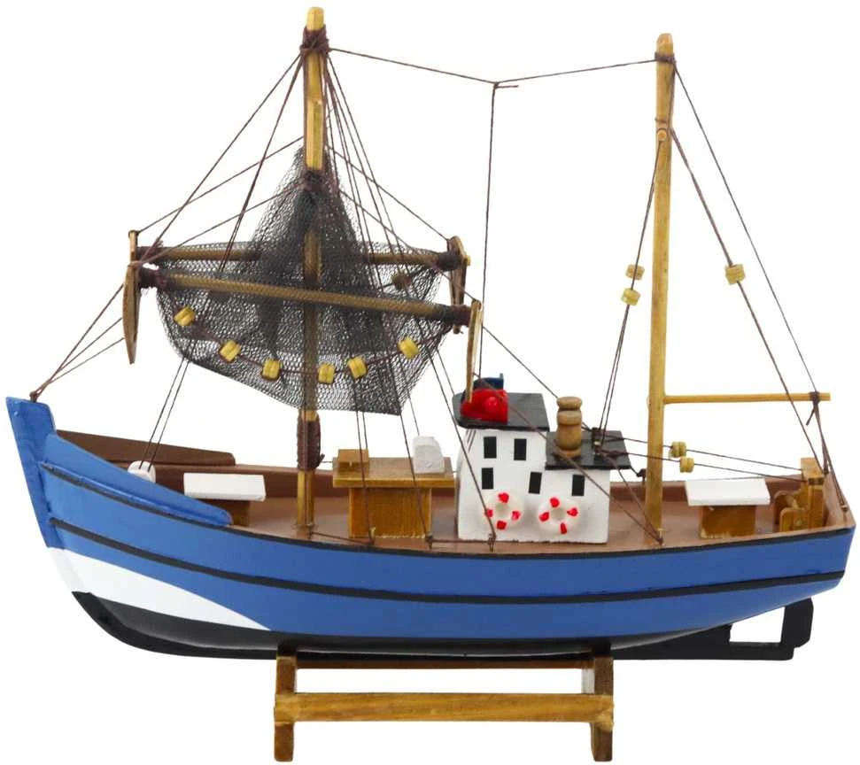 Kolekcinis dekoratyvinis žvejybinio laivo modelis, 30x26 cm, mėlynas