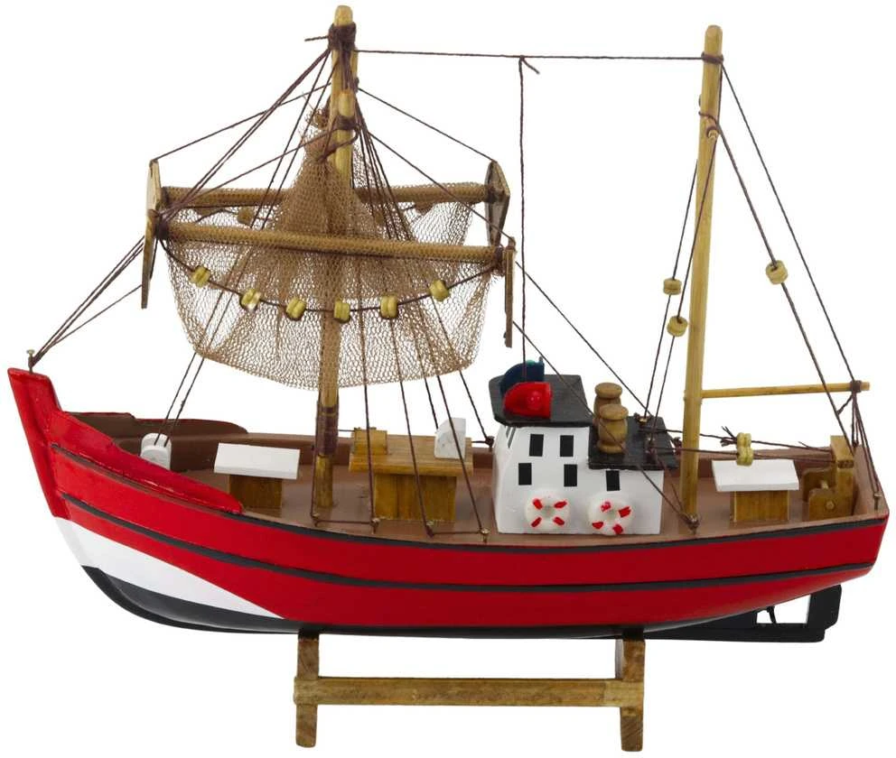 Kolekcinis dekoratyvinis žvejybinio laivo modelis, 30x26 cm, raudonas